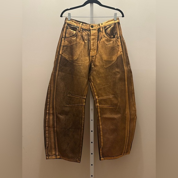 NWT We The Free x Free People Good Luck Gold Metallic Horseshoe Barrel Jeans - Picture 6 of 13